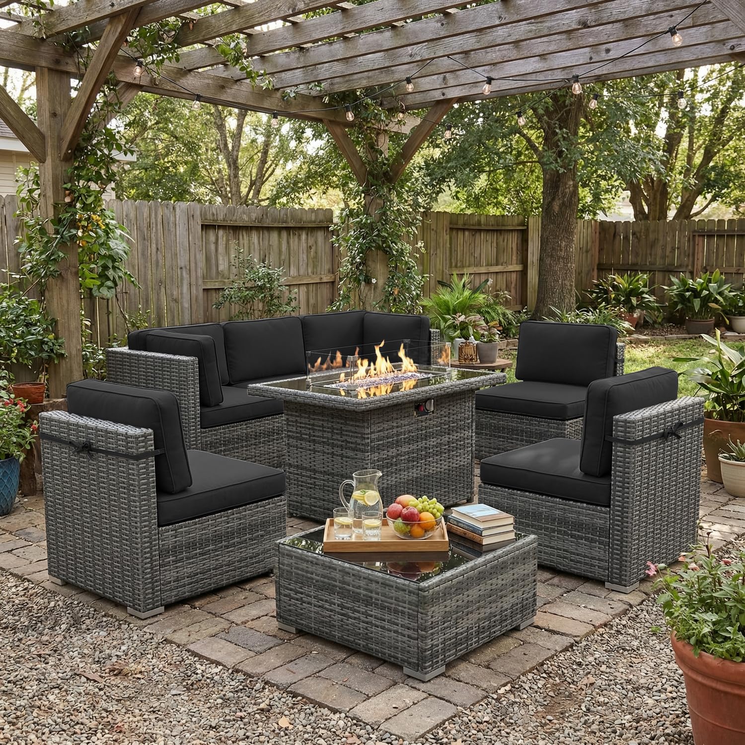 Outdoor Furniture Fire Table - 8 Piece Patio Furniture Set with