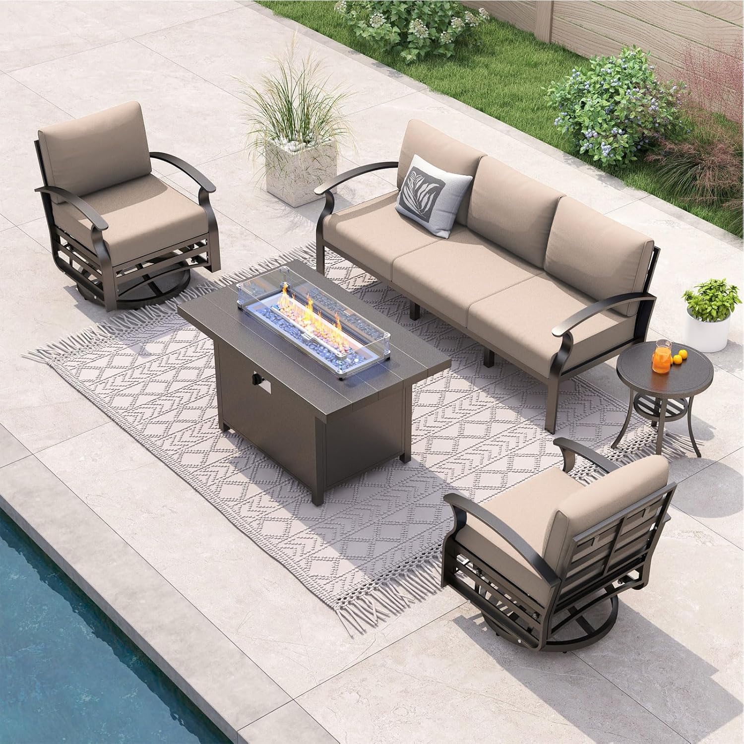 Outdoor Furniture Fire Table - 5-seat Aluminum Patio Sectional Sofa Set