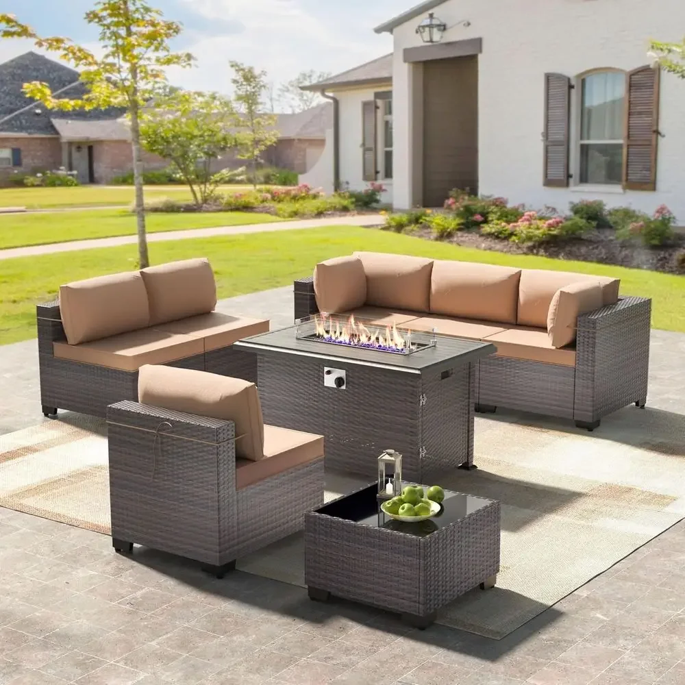 Outdoor Furniture Fire Table - 8-Piece Outdoor Patio Furniture Set with