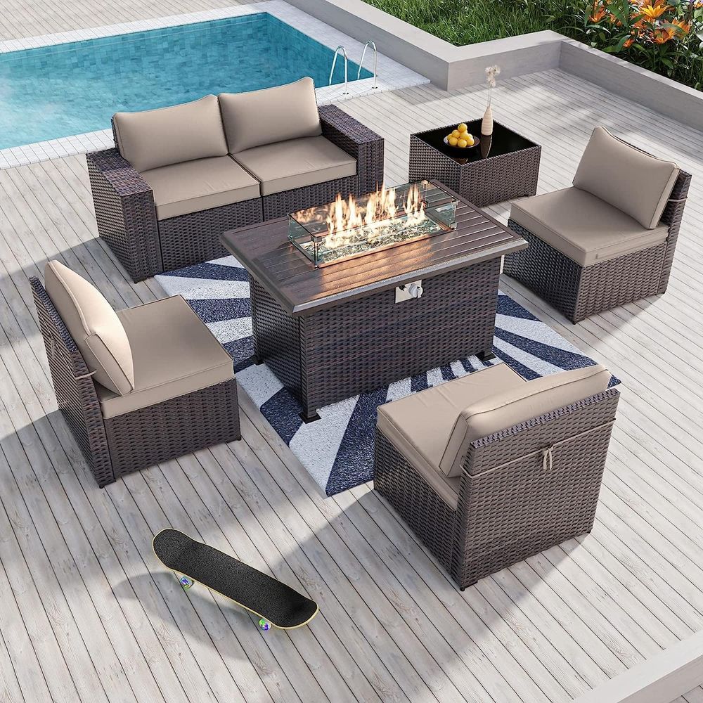 Outdoor Furniture Fire Table - 7-Piece Outdoor Patio Furniture Set with
