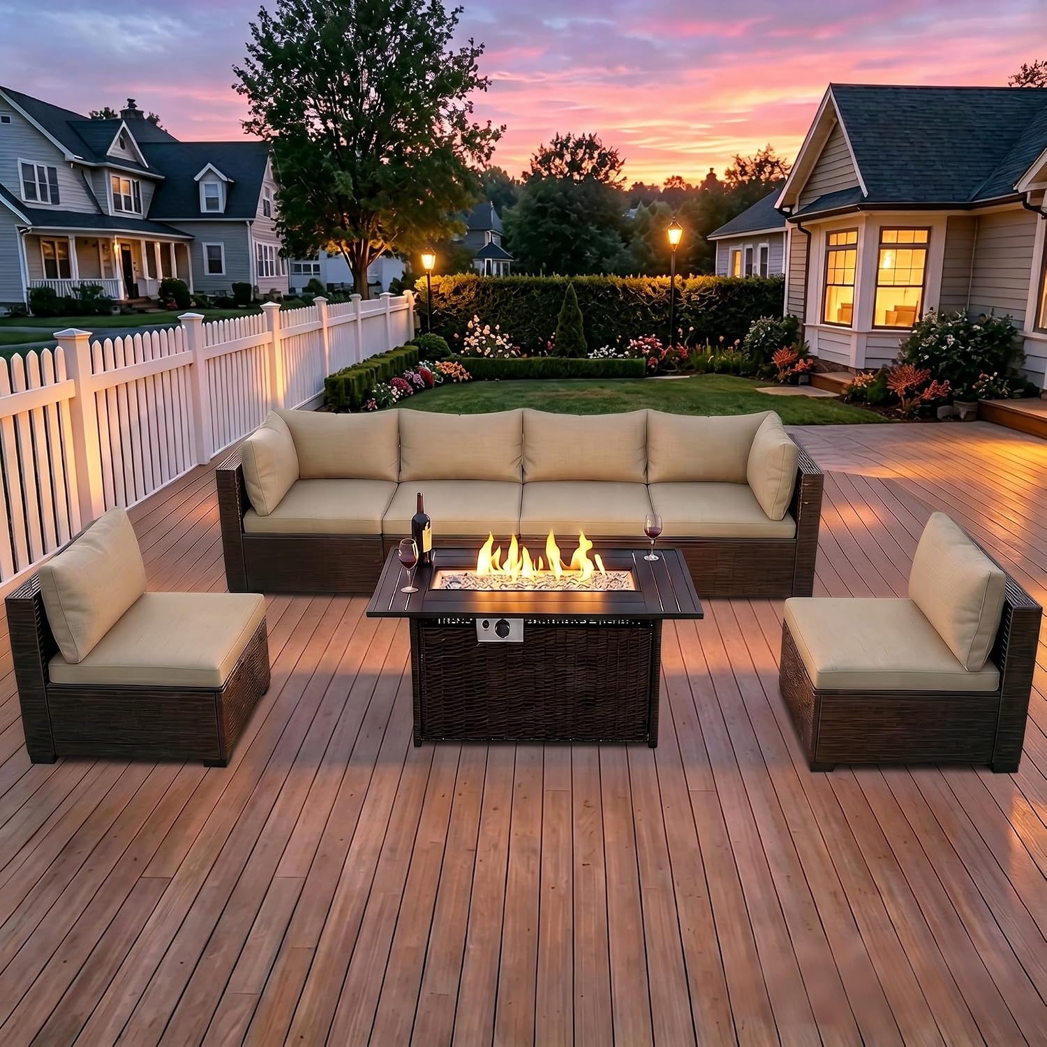 Outdoor Furniture Fire Table - 8-Piece Wicker Patio Conversation Set with