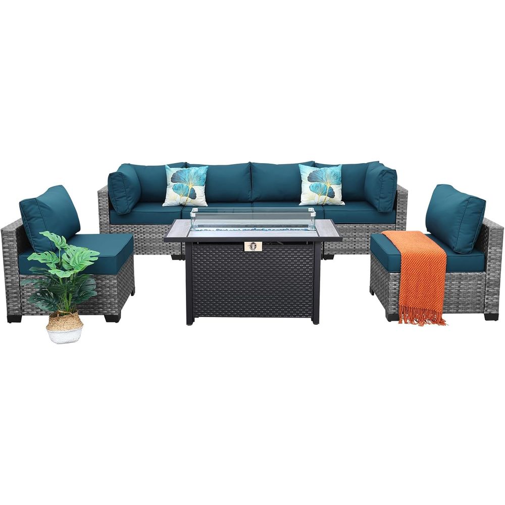Outdoor Furniture Fire Table - 7-Piece Outdoor Wicker Patio Furniture Set