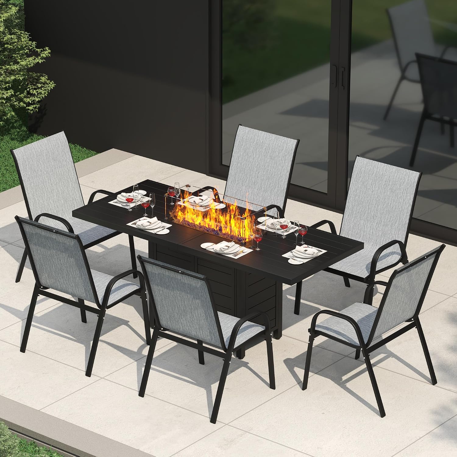 Outdoor Furniture Fire Table - 7 Pieces Patio Furniture Set w/