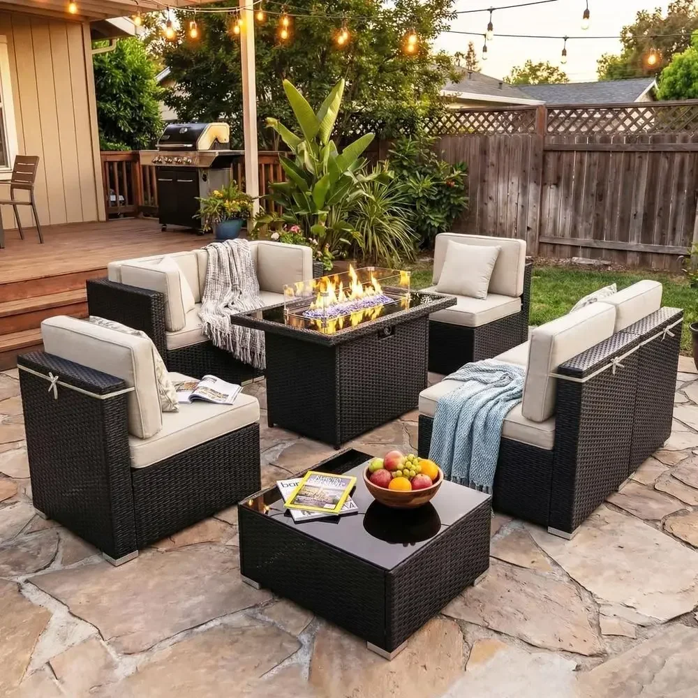 Outdoor Furniture Fire Table - 8-Piece Outdoor Patio Furniture Set with